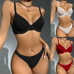 Everyday Lingerie Sets Women Sensual Solid Bra With Thongs Set Simple Thin Lightweight Underwear Set Adjustable Shoulder Strap