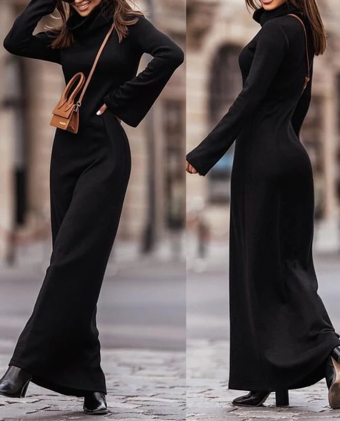 

Women's Monochrome Long Dress 2023 New Hot Selling Fashion High Collar Long Sleeved Loose Fitting Dress In Autumn Stock