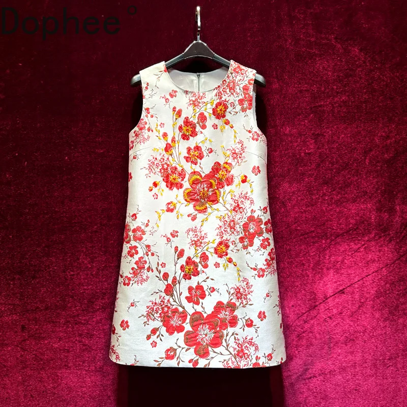 High Quality Jacquard Embroidery Women Vest Dress Elegant Summer Sleeveless A-line Dress Beads Diamonds Floral Mini Formal Dress