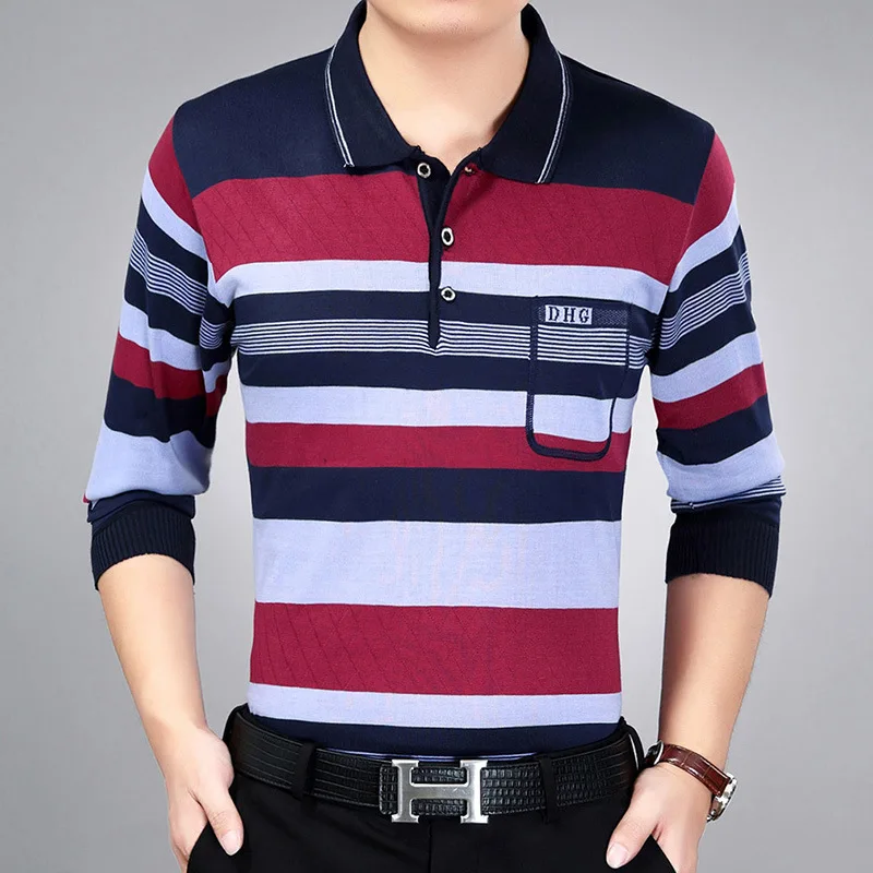 Spring Autumn Men\'s Pullover Turn-down Collar Striped Pocket Button Long Sleeve T-shirt Undershirt Fashion Casual Formal Tops