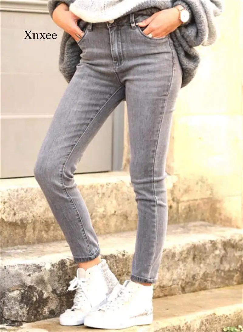 Autumn and Winter Ladies Fashion Jeans Slim Fit All-Match High-Quality Stretch Gray Cropped Trousers