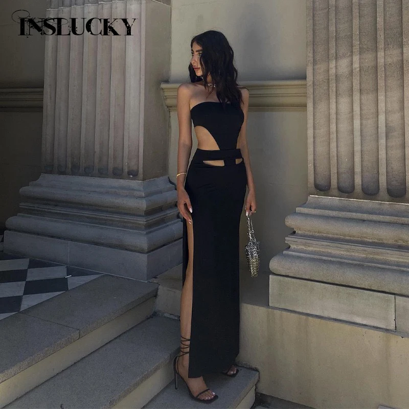 InsLucky-vestido ajustado sin tirantes para mujer, maxivestido de cintura alta con abertura, ahuecado, Sexy, elegante, para oficina, Verano