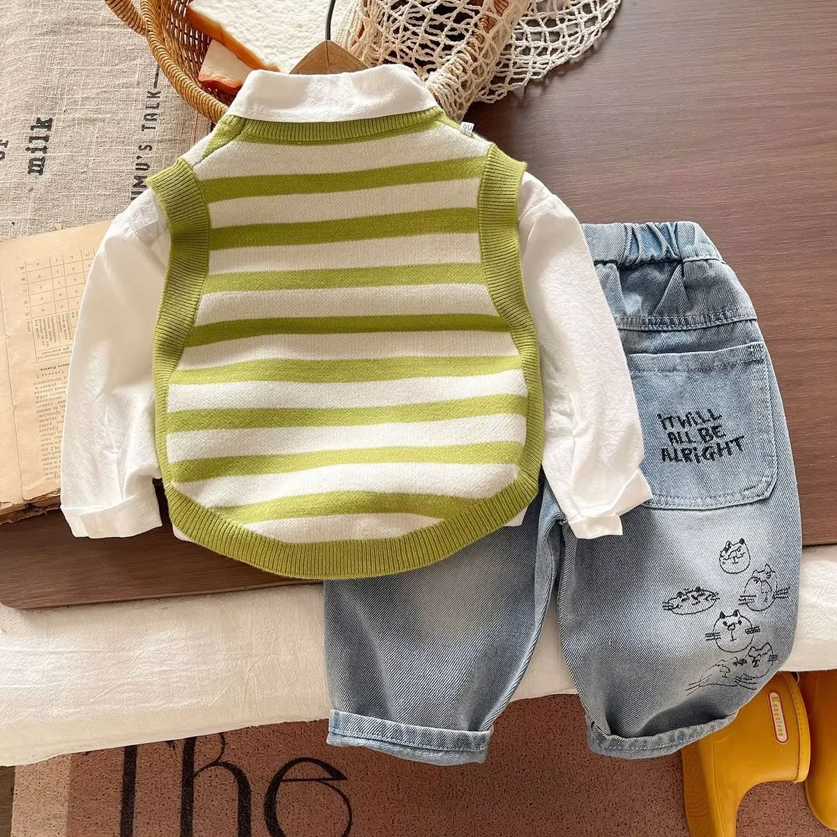 Boys Girls Spring Autumn Clothing Sets 2026 New Fashion Children Striped Knit Vest Shirt and Pants 3-Piece Outfit 0 2 4 5Y