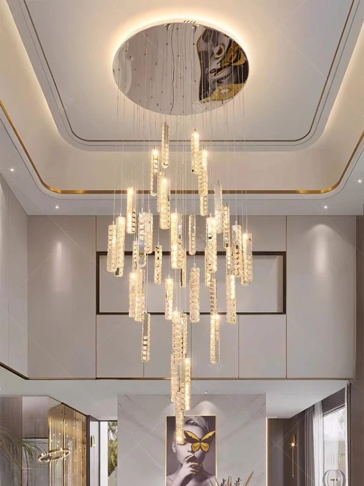

Светильник для пустой гостиной виллы, двухуровневая полая люстра, современный светильник в стиле лайт-люкс с кристаллами для лобби на среднем этаже многоквартирного дома