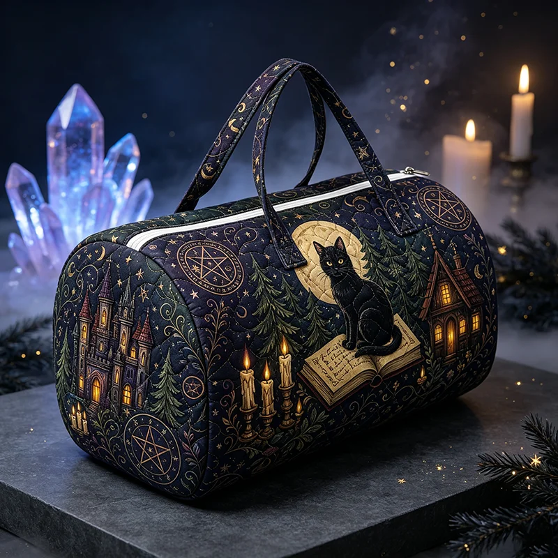 Cute Witchy Women Handbag Mysterious Black Cat Witch Bat Shoulder Bags for Travel Horror Halloween Ladies Travel Tote Bags