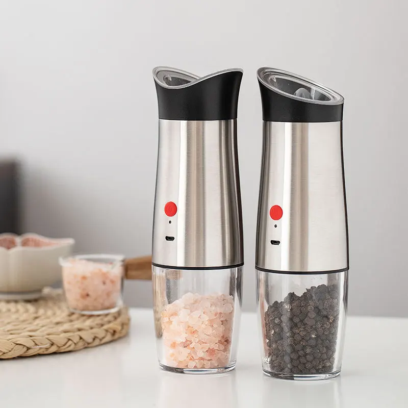 USB Rechargeable Silver Electric Salt and Pepper Grinder Set with LED Light, Automatic Gravity Sensitive Spice Electric Pepper
