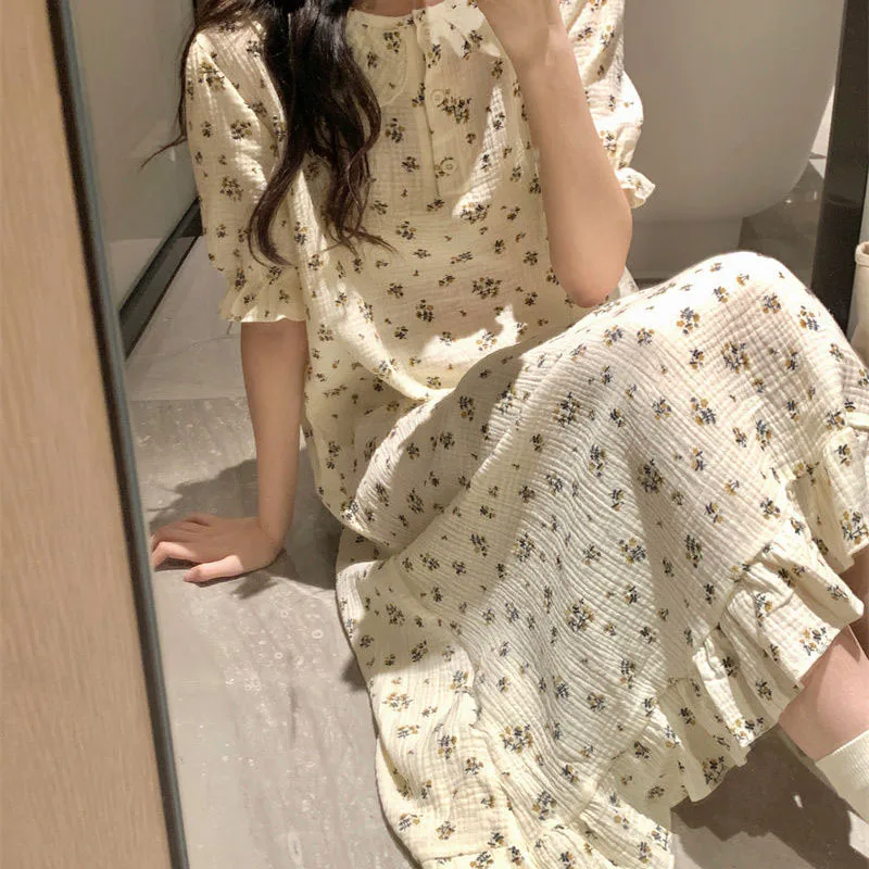 Floral Nightgown Sleepwear Women Korean Summer One Piece Pajamas Dress Short Sleeve Night Button Sleeping Home Wear 2024 New