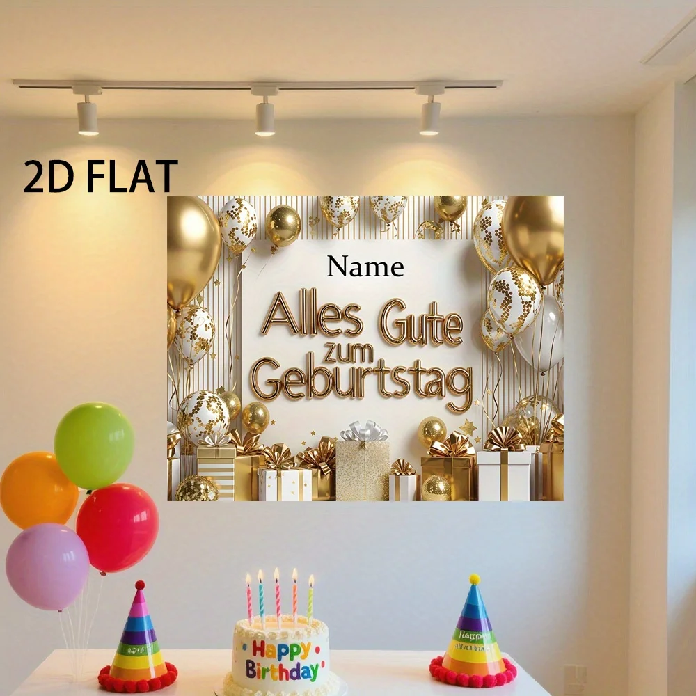 

Customizable German Birthday Banner, Personalized "Alles Gute zum Geburtstag" Party Decoration with Golden Balloons & Gift Boxes