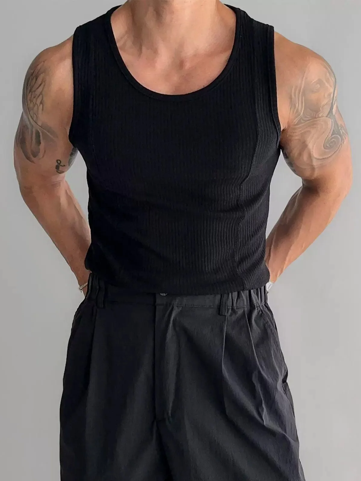 High Elasticity Fitness Tank Top with Vertical Stripes No Sleeve Workwear Style Quick Dry Cooling Men's Inner Wear round Neck