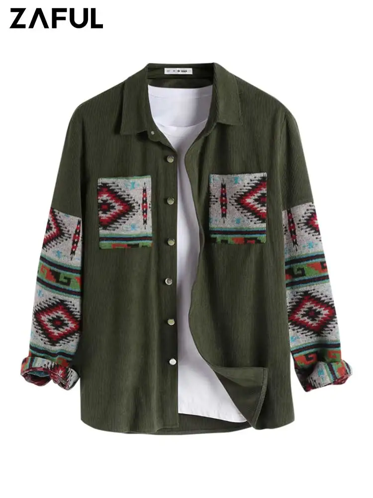 ZAFUL Corduroy Shirt Jacket Geometric Ethnic Print Spliced Long Sleeve Outerwear Unisex Streetwear Shacket Tops Z5055848