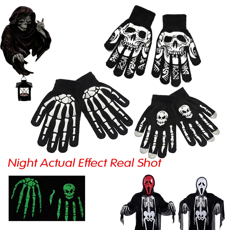 1~10PCS Balleenshiny Fluorescent Skeleton Gloves for Children Boys Mittens Skull Gloves Warm Winter Print Knitting