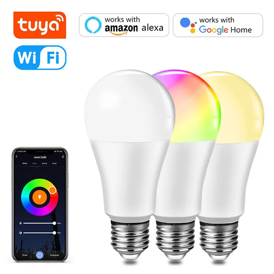 220V 110V 10W 15W 20W Tuya WiFi LED Light Bulb RGB+WW+CW E27  Smart Alexa Lamp Compatible with Alexa Google Home Smart Life APP