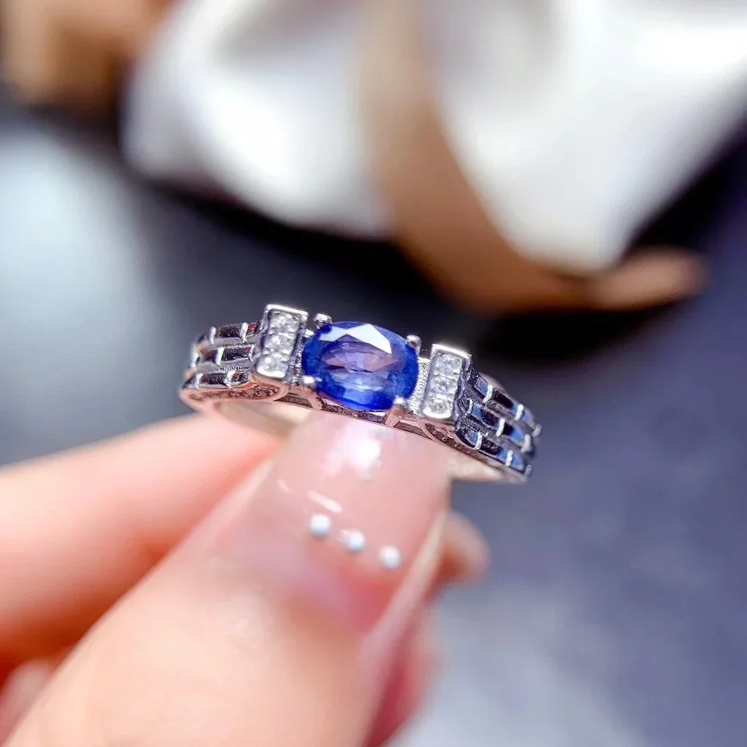 

Royal Blue Sapphire Ring for Engagement 4*6mm 0.5ct Natural Sapphire 925 Silver Ring with 3 Layers 18K Gold Plating Keep Shining