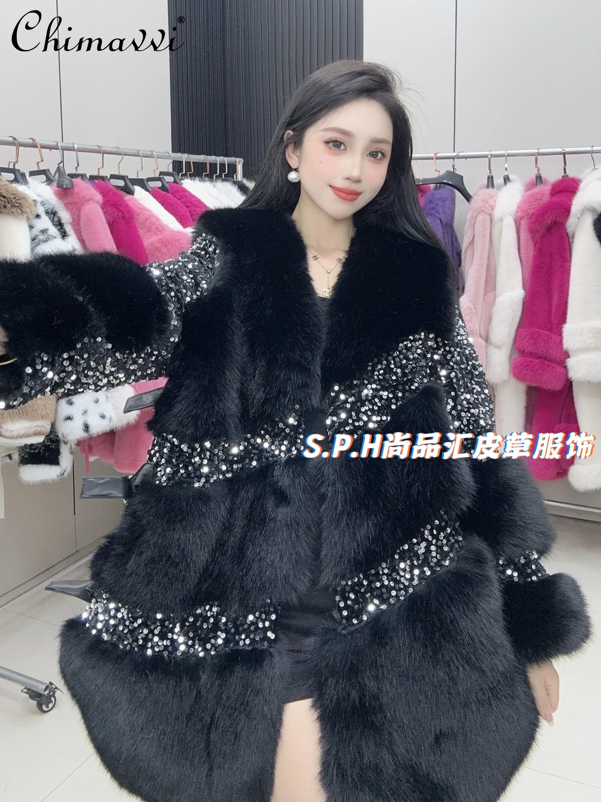 

2024 Autumn and Winter New Heavy Industry Sequined Jacket Women Fashionable Long-sleeved Warm Oblique Strip Long Faux Fur Coat