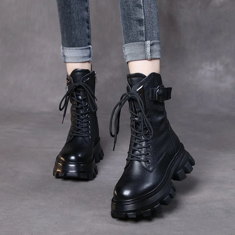 DRKANOL 2024 Fashion Autumn Winter Warm Platform Boots Women Genuine Leather Wedges Heel Motorcycle Boots Handmade Retro Style