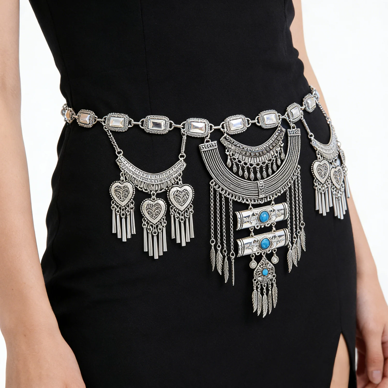 

Afghan Vintage Silver Color Alloy Carved Necklaces Waist Chain Moon Geometric Shape Pendant Chunky Boho Gypsy Turkish Jewelry