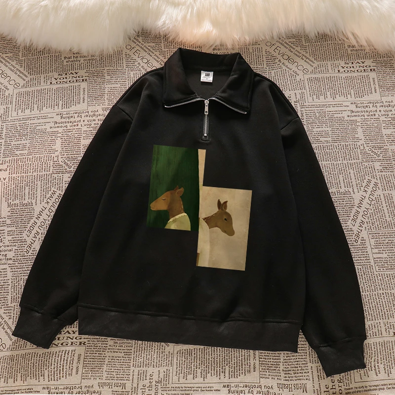 

American Style Cartoon Print Hoodies Women Spring Autumn Half Zipper Turn-down Collar Loose Tops Fashion All-matched Coat