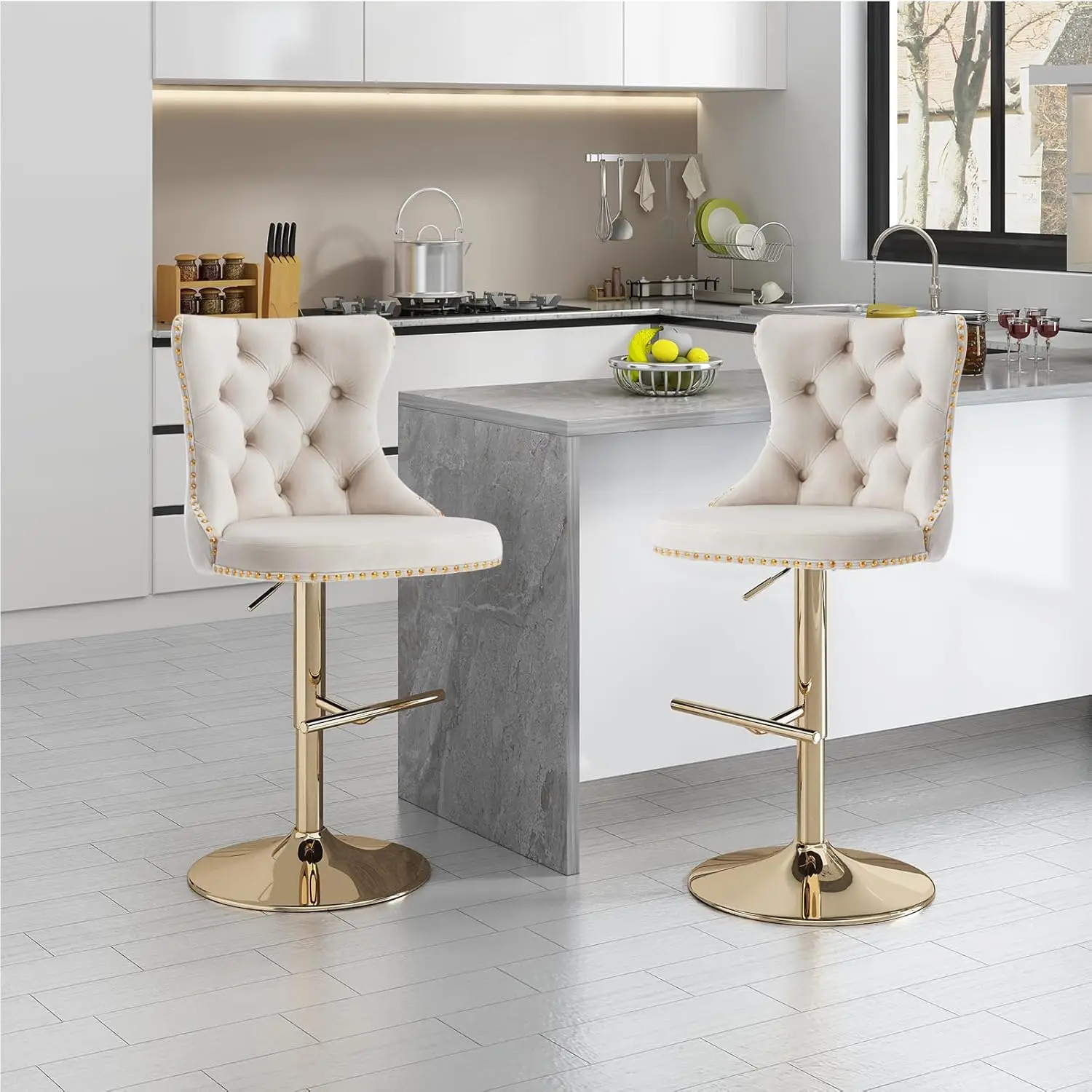 Bar Stools Set of 4,Adjustable Barstools with Back Velvet Tufted Counter Stools Modern Upholstered Bar Chairs with Nailhead for