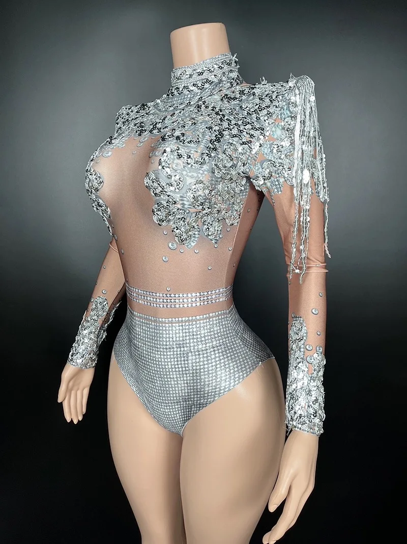 Flashing Silver Sequins Fringe Spandex Bodysuit Women Dancer Singer Performanc Costume High-Neck Long Sleeve Nightclub Stage Wea