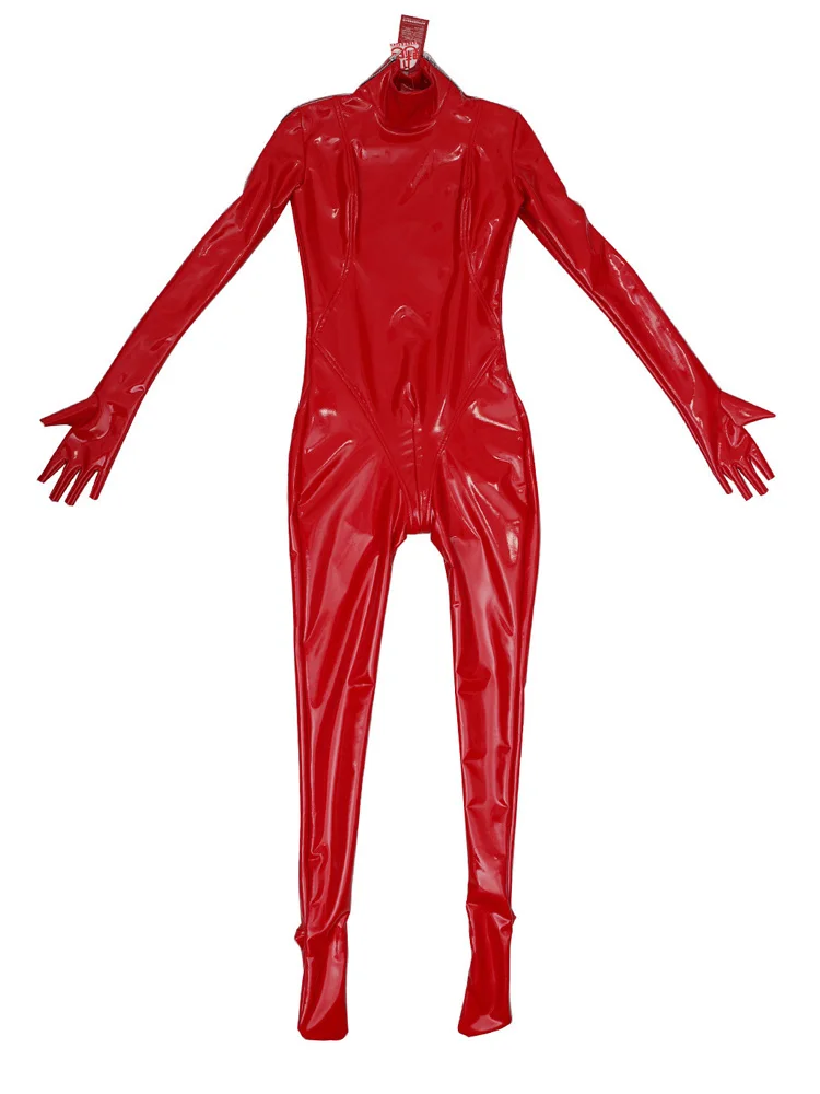 Sexy Women PVC Wetlook Shiny Full Bodysuit Latex Elasitc Sexy Tight Zipper Open Crotch Half Finger Gloves Cosplay Leotard