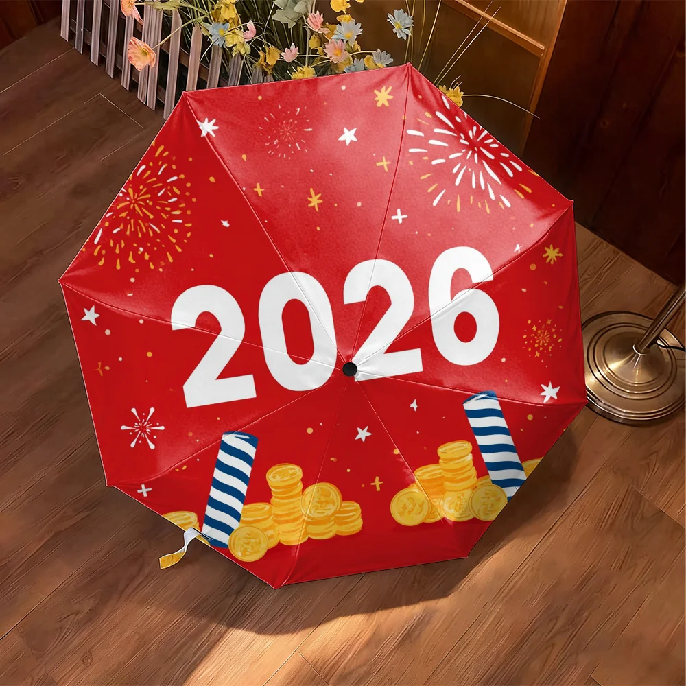 1 Festive Folding Umbrella | Durable Iron and Pongee Canopy with 2D Fireworks and Coins Print, Ideal for 2026 New Year Celebra - view 5