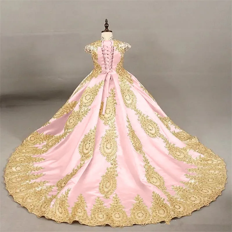 Pink Golden Flower Girl Dress For Wedding Bead Long Sleeves Applique Puffy Floor Length Princess Kids First Communion Ball Gown