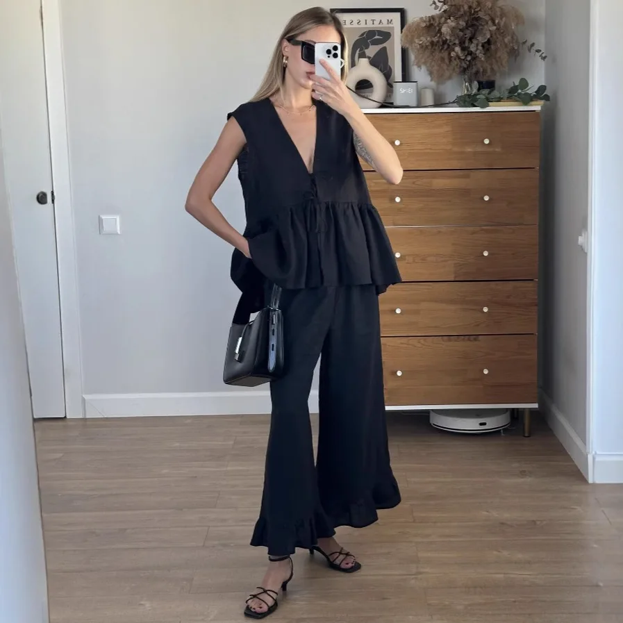 

Elegant Cotton Summer Women Two Piece Set Loose Y2K Sleeveless V Neck Ruffle Shirt Top Wide Leg Flare Pants Set Trousers Outfits