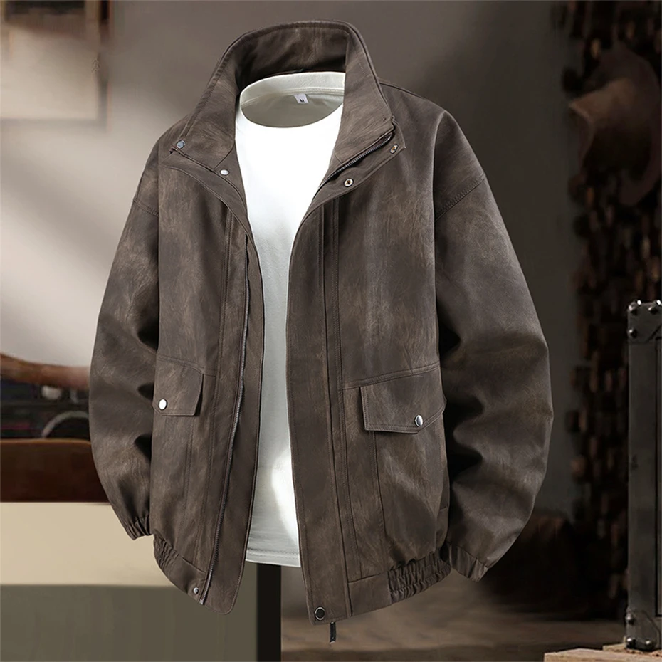 Vintage PU Jacket Men 12XL Plus Size PU Jacket Coat Tie-dye Design Fashion Casual Stand-up Collar PU Coat Male