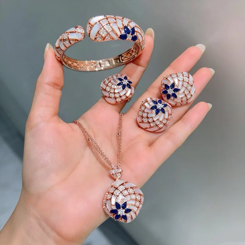 Bellux jewelry set natural mother of pearl synthesized gemstone flower 925 silver necklace bracelet earrings ring party gift