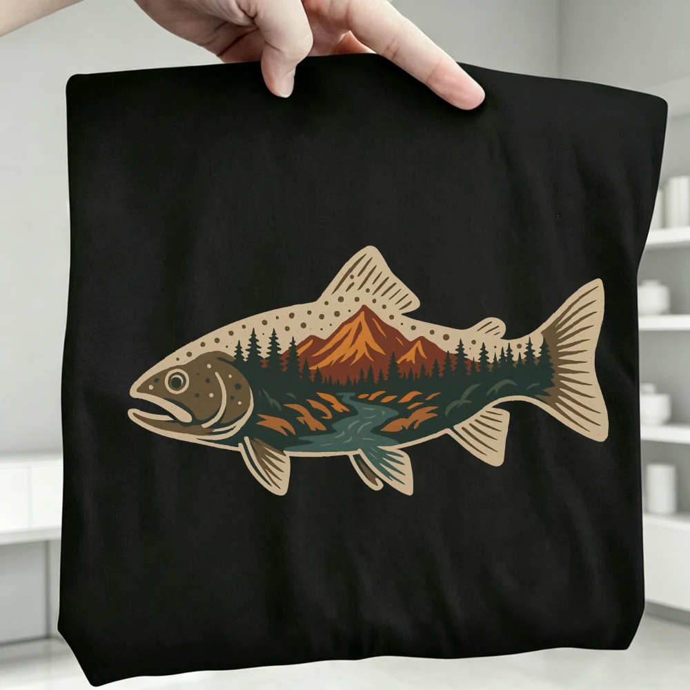 Brook Trout Shirt Retro Mountain River Fish Cotton Tee Spirit of the Hidden Current Tee Fish Shape Nature Art Outdoors Men Shirt