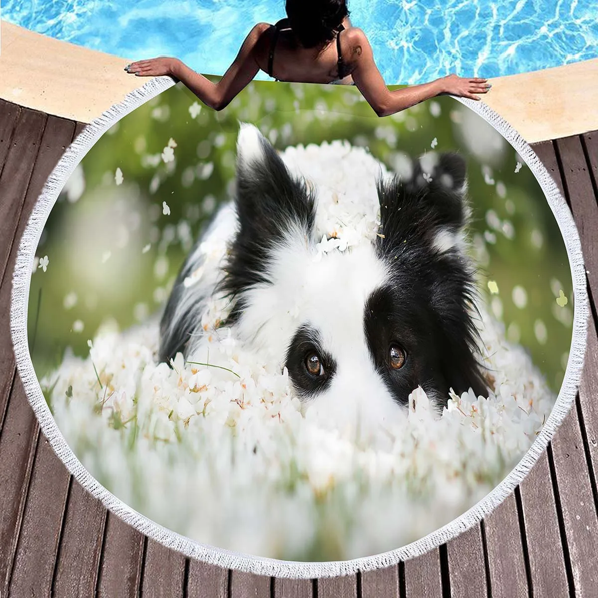 Cute Pet Dog Border Collie Round Beach Towel,Sand Free Beach Blanket Picnic Mat for Bathroom Pool Surf Travel Outdoor Meditation