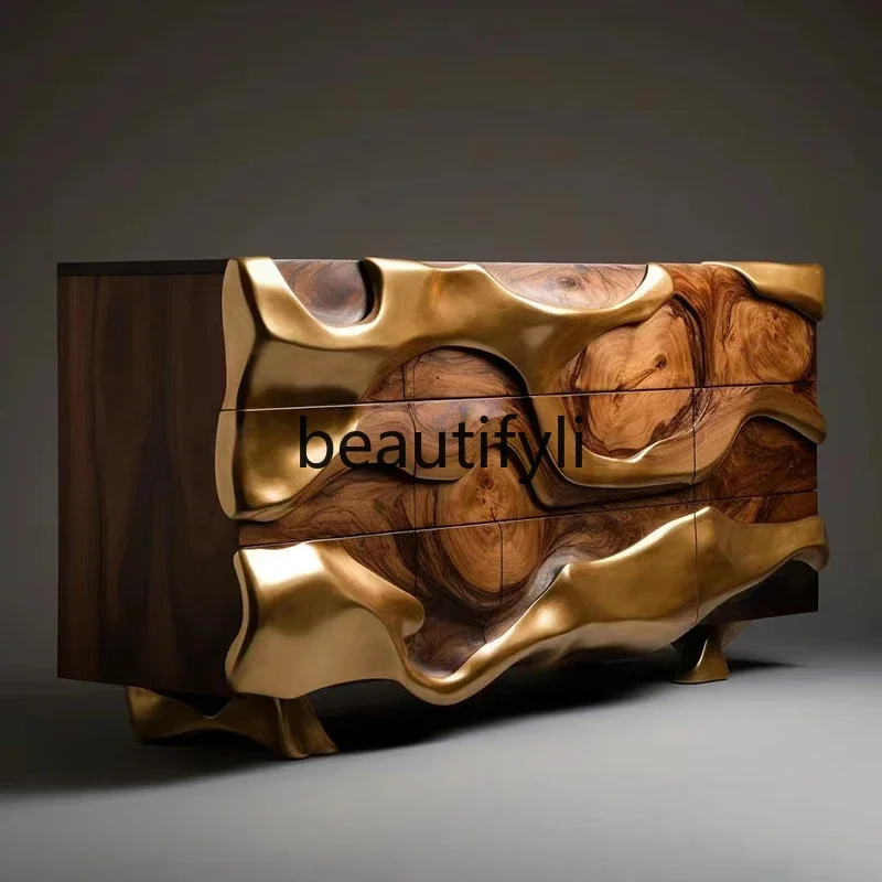 

Creative entrance cabinet Solid wood retro chest cabinet Walnut high-end storage, decorative side cabinet
