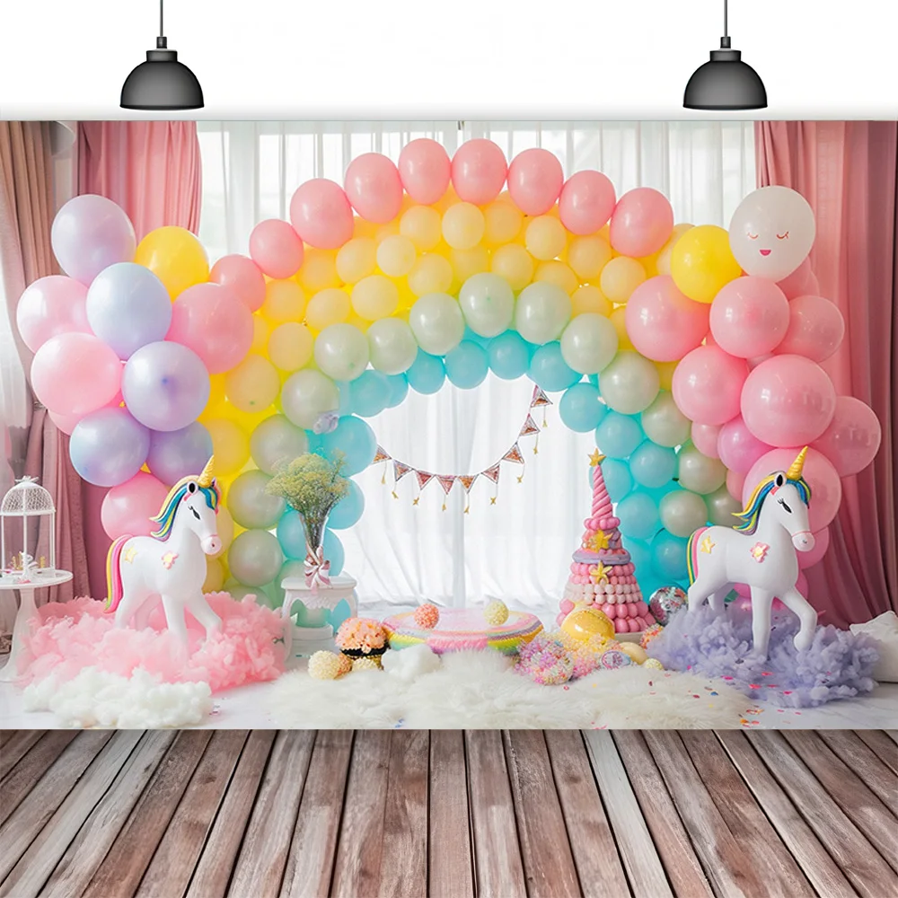 ลูกโป่งทรงโค้งสีรุ้งรูปยูนิคอร์นฉากหลังสำหรับถ่ายภาพ RA-02สำหรับงานเลี้ยงวันเกิดเด็กแรกเกิด