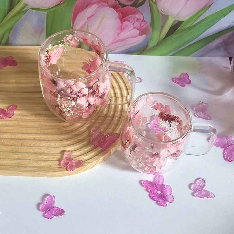 كوب قهوة شفاف 250 مل/400 مل، زجاج معزول مزدوج على شكل زهرة إبداعية مع مقبض، مناسب لكوب المشروبات الساخنة والباردة #4