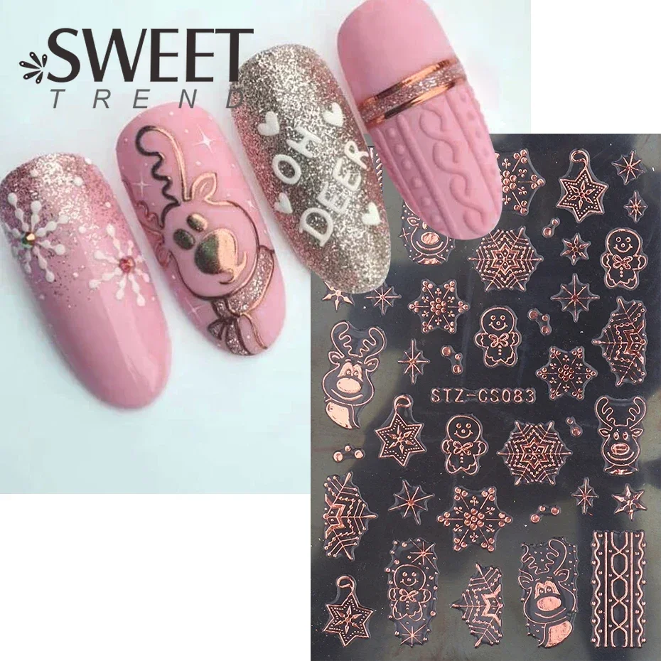 3D Rose Gold Christmas Nail Sticker Winter Elk Snowflake Decal Holographic Santa Tree Slider For New Year Manicure Decoration