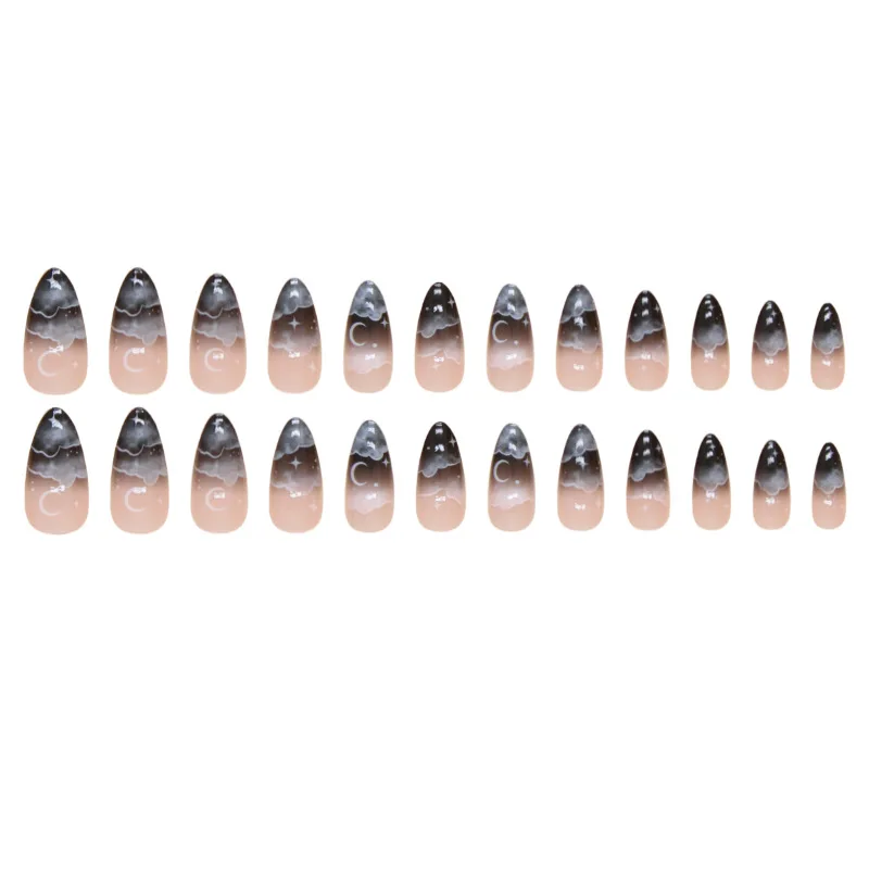 24 szt. sztucznych paznokci czarnych w stylu francuskim ombre, efekt gwiaździstego nieba i księżyca, kształt migdałowy, naklejane tipsy, idealny prezent dla dziewczyn i przyjaciółek.