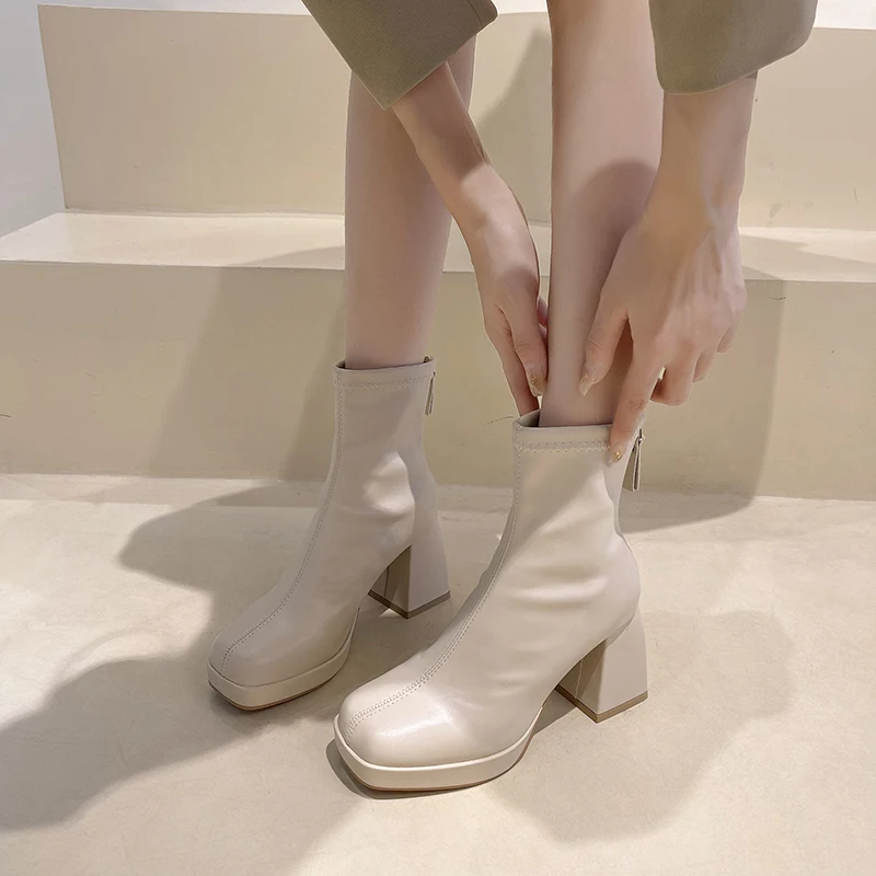 White Ankle Boots Boots-Women Shoes Zipper Clogs Platform Low 2024 High Heel Med Autumn Rock Ladies Rubber Fringe Solid Basic PU