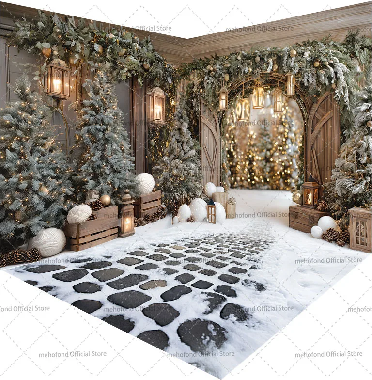 Mehofond Photography Background Christmas Vintage Wooden Door Tree Farm Xmas Kids Family Portrait Decor Backdrop Photo Studio