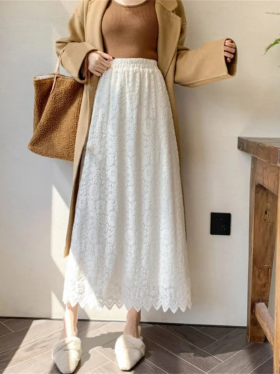 2025 New Arrival Thickened Fleece-Lined Lace Skirt For Women Vintage French Crochet Lace High-Waisted Slimming A-Line Maxi Skirt