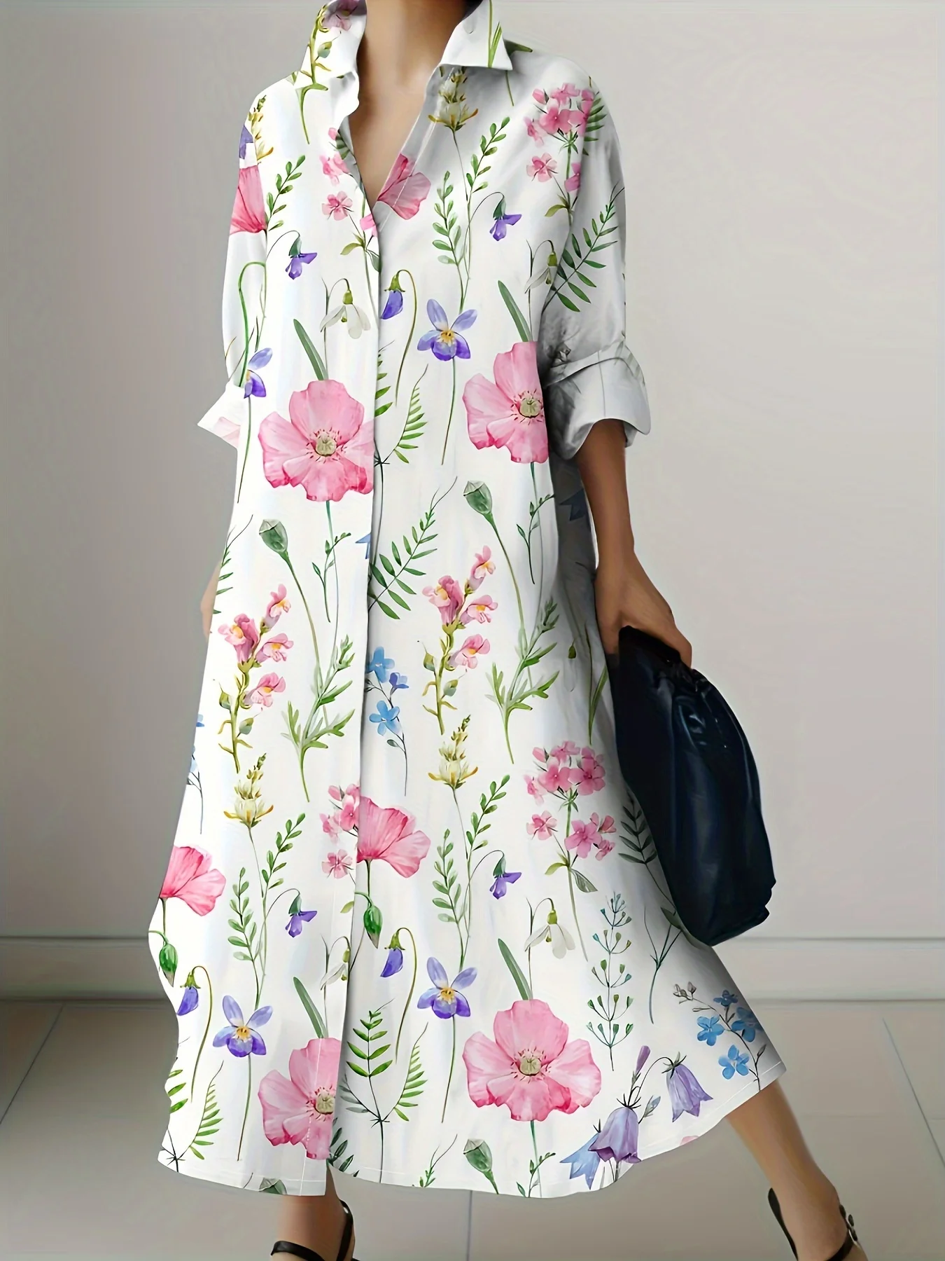 

Women Long Sleeve Floral Print Dress Spring Autumn Casual Vacation Dress with Buttons A Line Midi Dress Purple Pink Flower