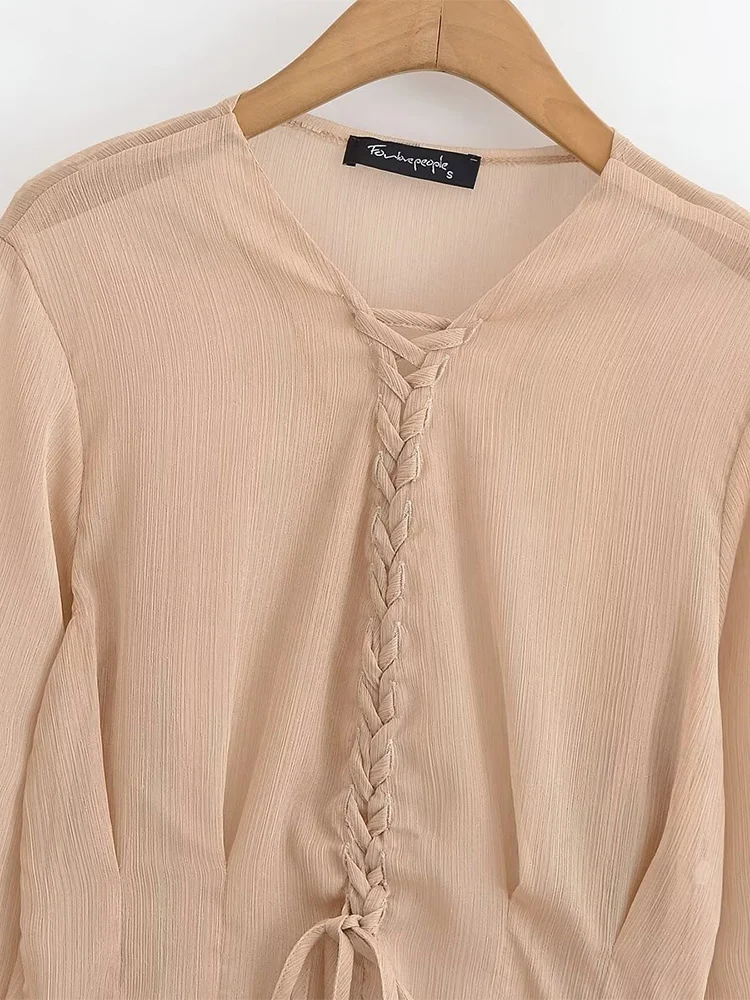 European style new women's fashion all-match temperament semi-transparent waist placket tie design trumpet sleeve top