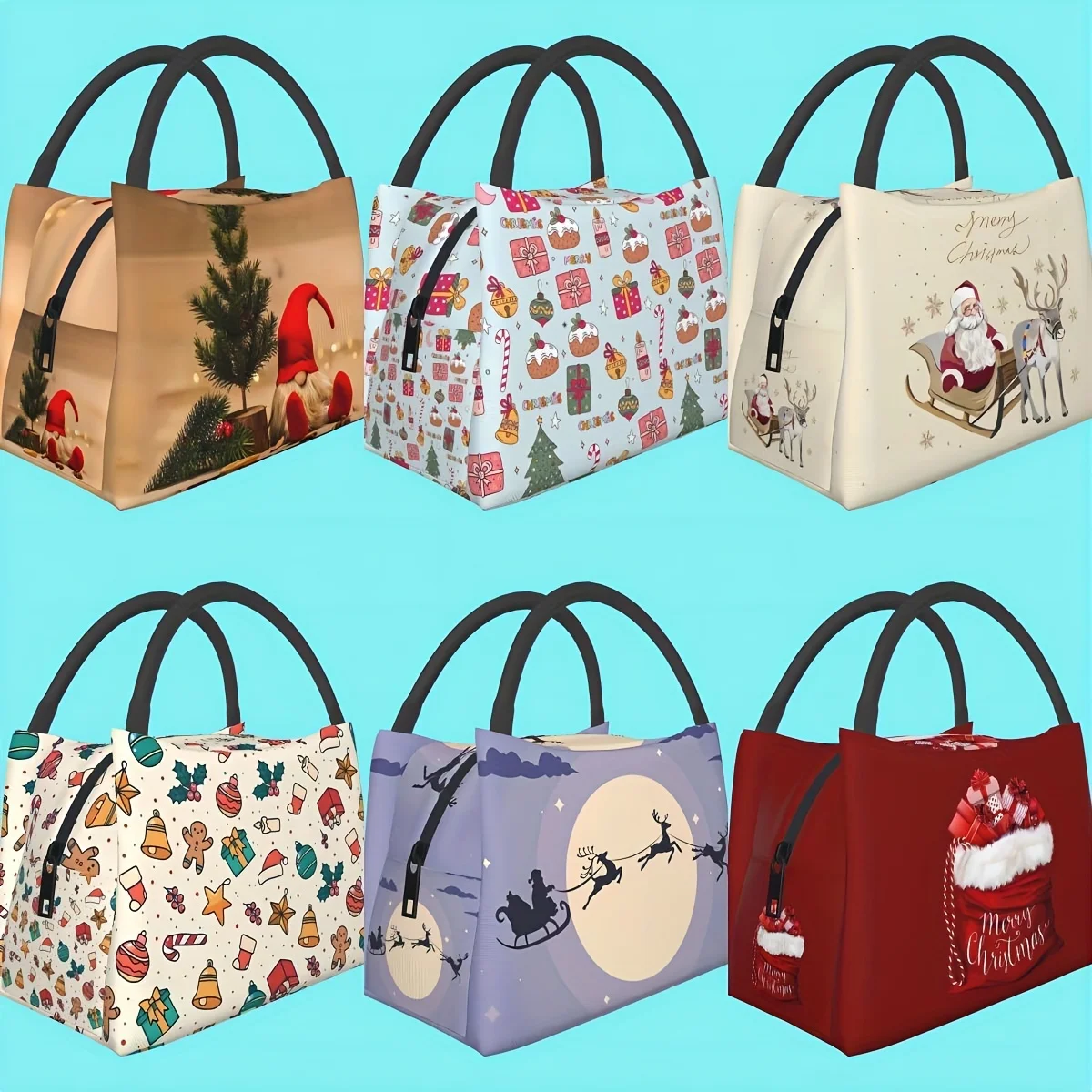 A Portable Reusable Cooler Bag Featuring Designs of Santa Claus, Gingerbread Men, Goblins, And Gifts, Perfect for Camping