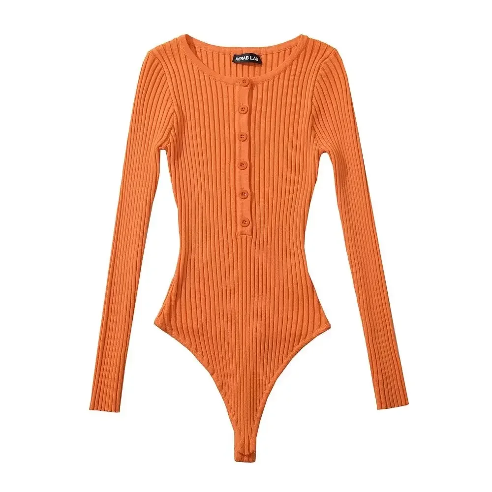 Body da donna in tinta unita a maniche lunghe lavorato a maglia a costine Top slim elasticizzati body mujer