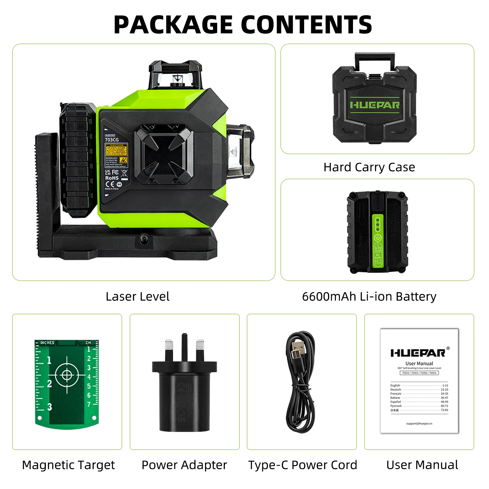 Huepar 703CG Green 12 Lines 3D Laser Level Self-Leveling Cross Line Adjust Bright Alignment Laser Tool with Li-ion Battery