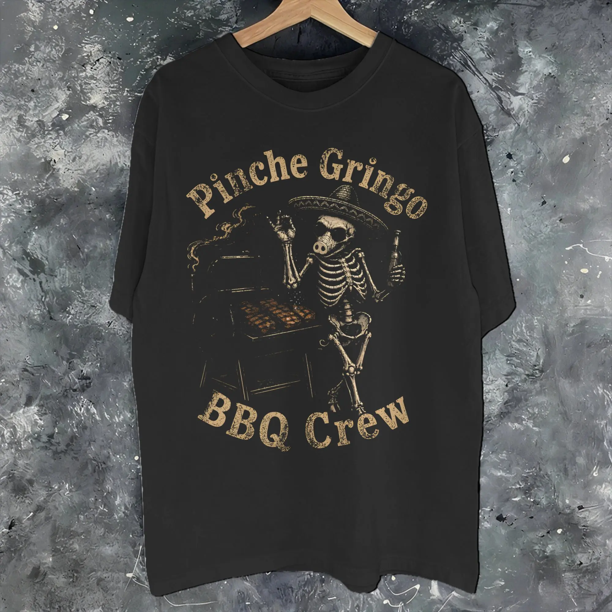Pinche Gringo BBQ Crew Skeleton Grilling Beer Tee Shirt for Men Women Graphic Print T Shirts  Cotton Clothing