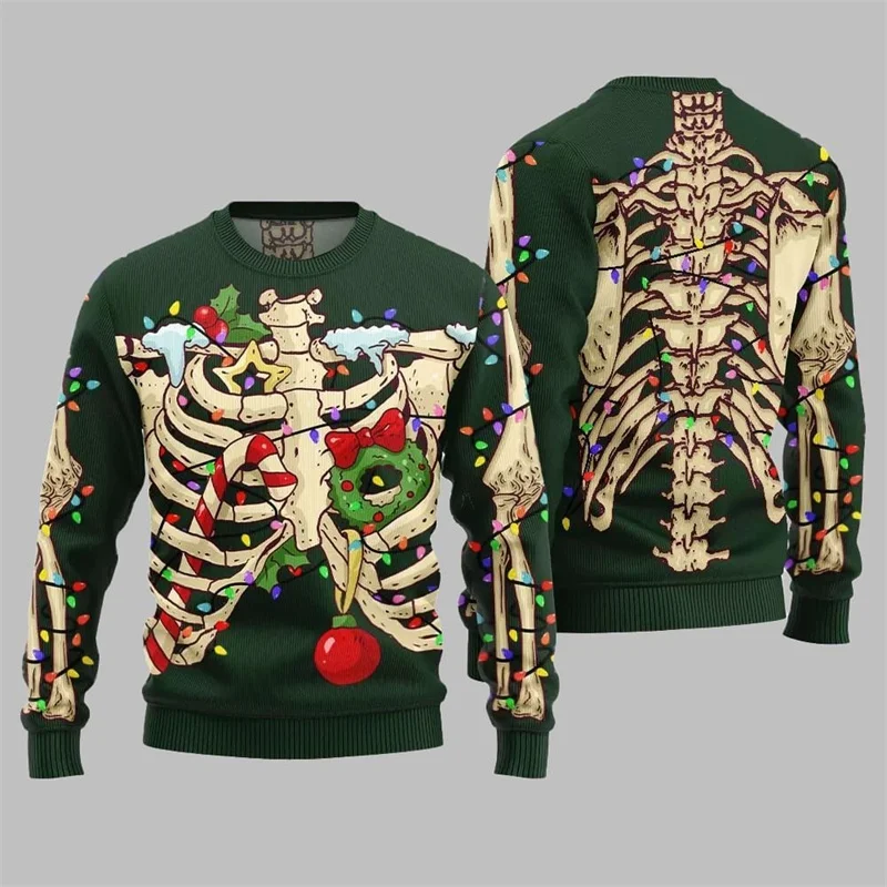 هيكل عظمي طباعة تصميم عيد الميلاد سترة قبيحة للرجال الملابس Harajuku الشارع طويلة الأكمام فضفاضة البلوز شخصية هدية #6