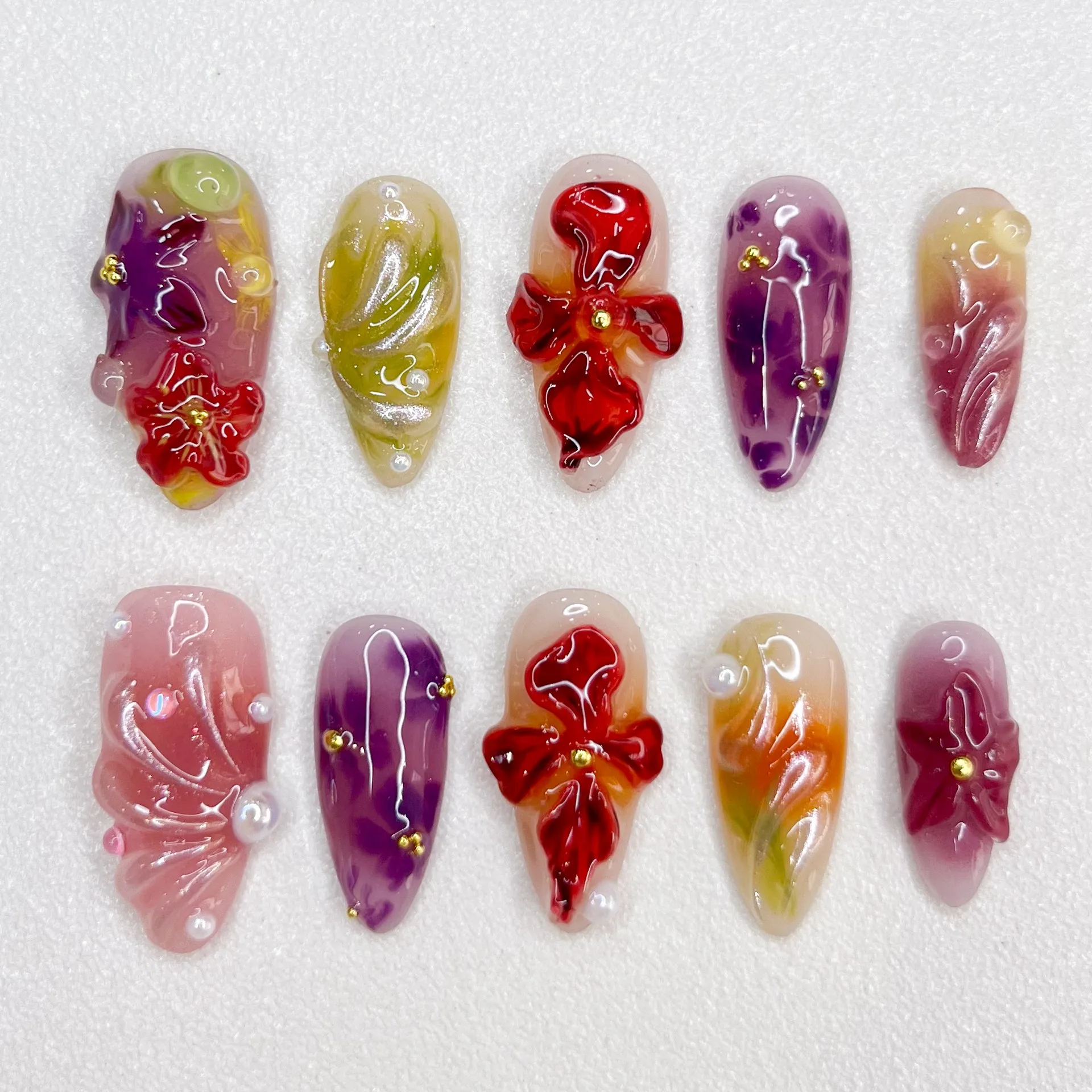 New Product Pure Handmade Temperament Short Press on Nail Style Style in Style Hand-painted Oil Painting Flower Nail Art