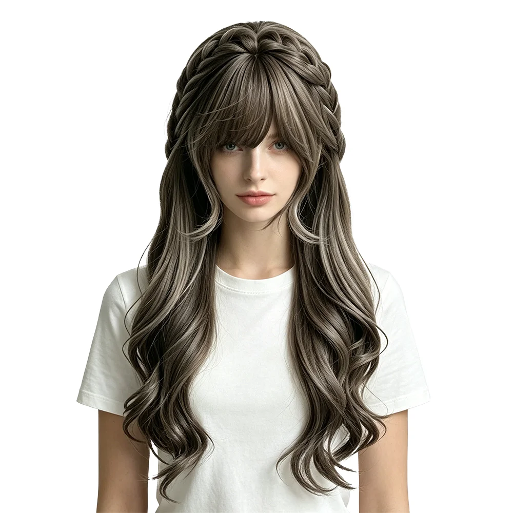 Women Dark Ash Brown Long Curly Synthetic Wig Handmade Braids Heat Resistant Soft Hair Natural Bangs For Lolita Daily Cosplay