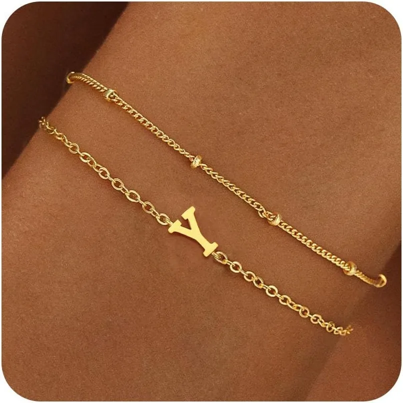 Cute Mini Waterproof PVD Gold Plated Initial Chain Bracelet Fashion Stainless Steel Sideways Letter Charm Bracelets Women