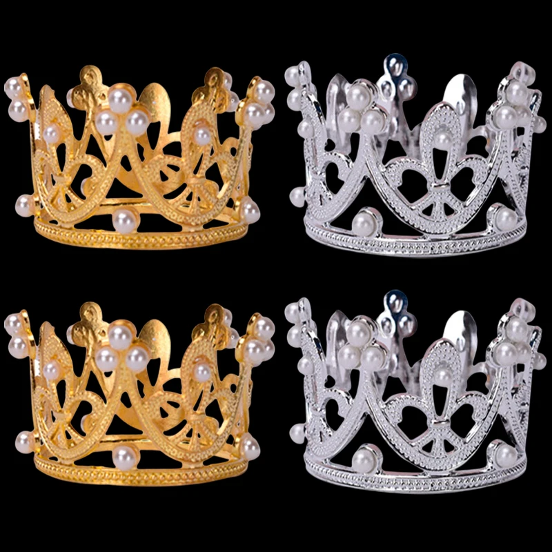 Mini Crown Cake Topper Elegant Princess Pearl Tiara Ornaments Baby Shower Birthday Wedding Party Supplies DIY Cake Decoration